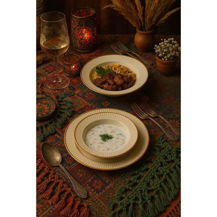 Set de masa 24 piese, Hermia Concept, alb, auriu, portelan