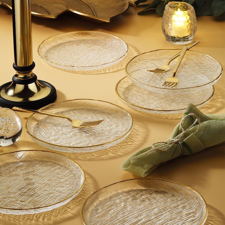 Desszert tányérkészlet (6 darab), Hermia Concept, 16x16cm, átlátszó arany díszítéssel