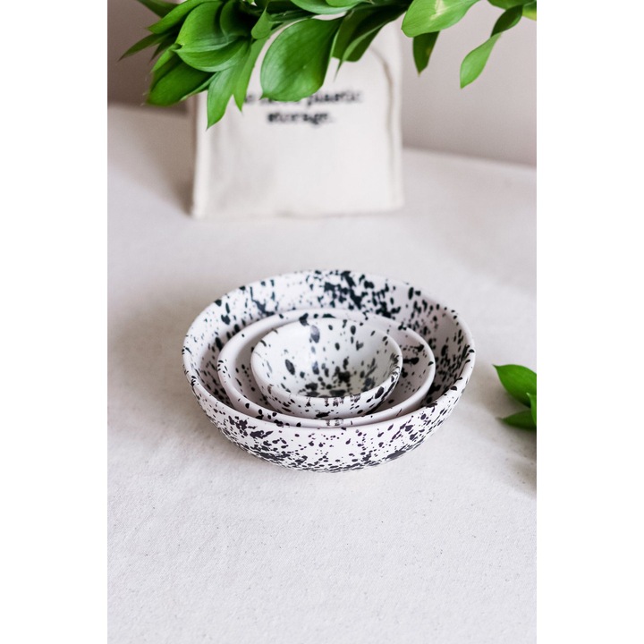 Hermia Concept kerámia tálkészlet, 3 darabos, fekete-fehér, méretek: 15,5x15,5x5,7cm, 12,2x12,2x4,7cm, 8x8x3,3cm