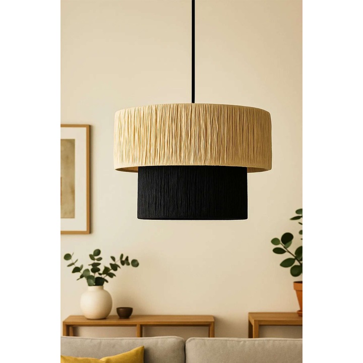 Candelabru Macrame, Opviq, crem si negru, dimensiuni 20x21cm, inaltime ajustabila 22-48cm