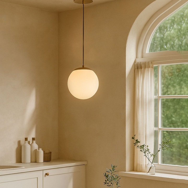 Lustra Metalica cu Capac din Sticla, Opviq, Alb si Antichizat, Inaltime Ajustabila 100-120 cm, O15 h:15 cm