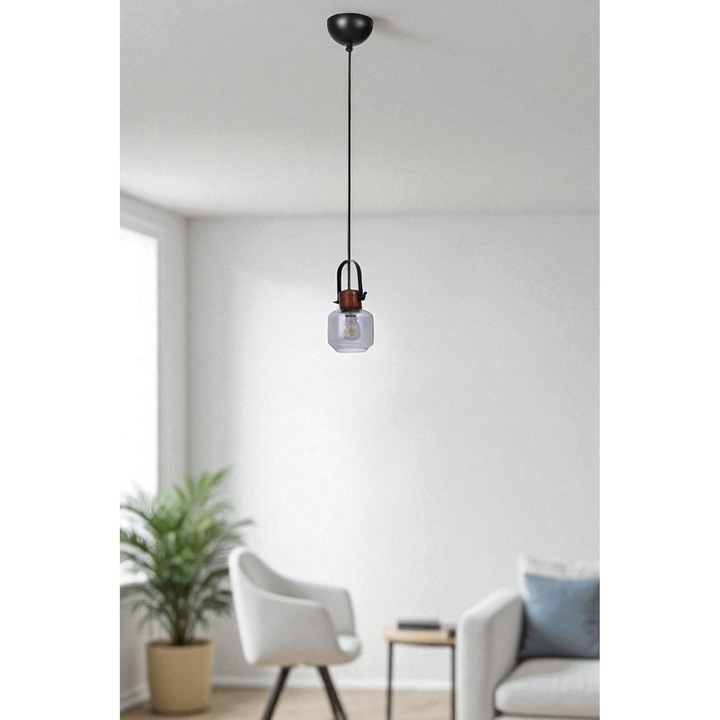 Pendul Opviq, metal cu capac din sticla, 1 x E27 Max 40W, gri, nuc, negru, inaltime ajustabila, 80cm