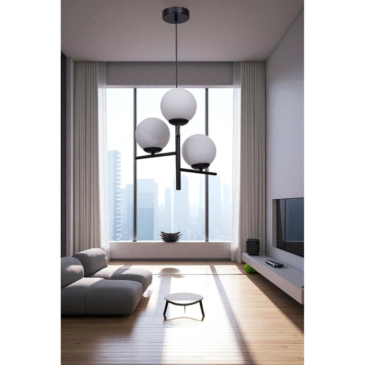 Lustra Opviq, metal si sticla, alb si negru, 80cm, 3 socluri E27