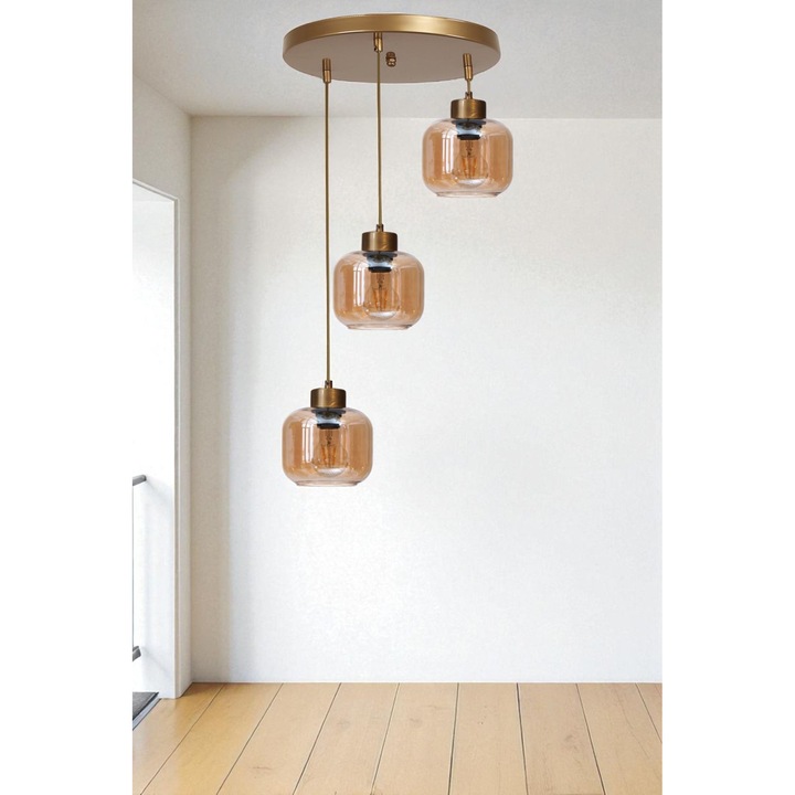 Lustra Opviq, model 185, metal, sticla, culoare miere si aur, inaltime ajustabila, dimensiuni 80cm x 25cm