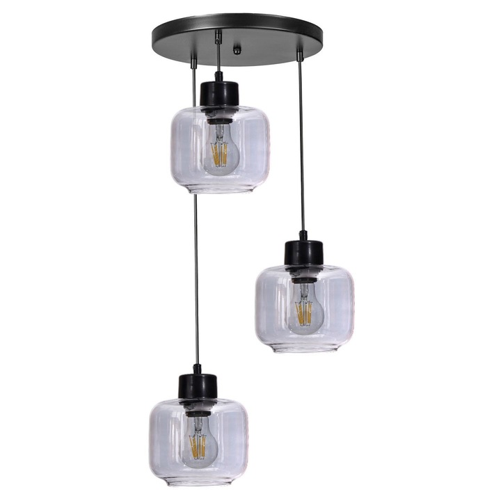 Lustra Opviq, metal si sticla, 3 socluri E27, gri si negru, inaltime ajustabila, 80cm