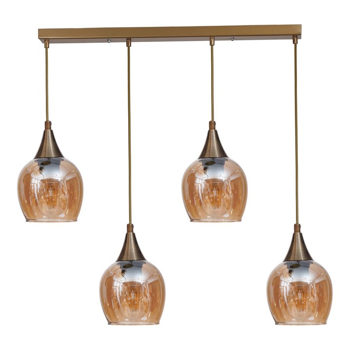 Lustra Opviq, metal cu abajur din sticla, 4 socluri E27, culoare miere si aur, inaltime totala 80cm