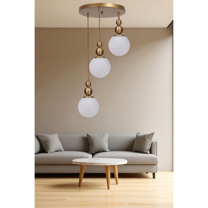 Lustra Opviq, alb si auriu, dimensiuni 80cm, cu corp metalic si capac din sticla