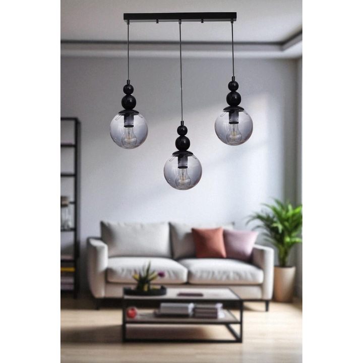 Lustra Opviq, metal si sticla, 3 x E27, 80cm, gri si negru