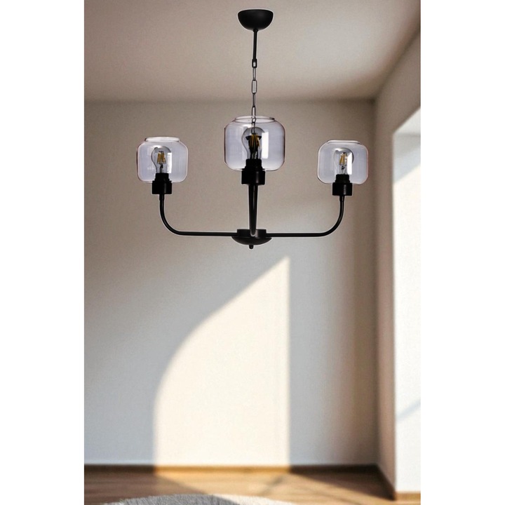 Lustra Opviq, metal si sticla, gri si negru, 3 socluri E27, inaltime ajustabila, 78cm