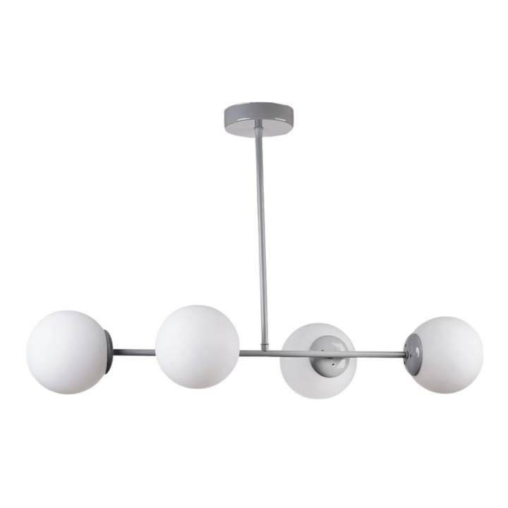 Lustra Metalica si Sticla, Opviq, Alb si Argintiu, 65cm, 4 socluri E27