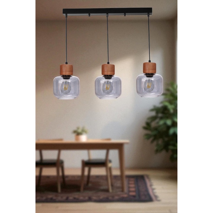 Лампа Opviq, Метал и стъкло, 3 x E 27 Макс 40 W, Сиво, Дъб, Черно, 80 см