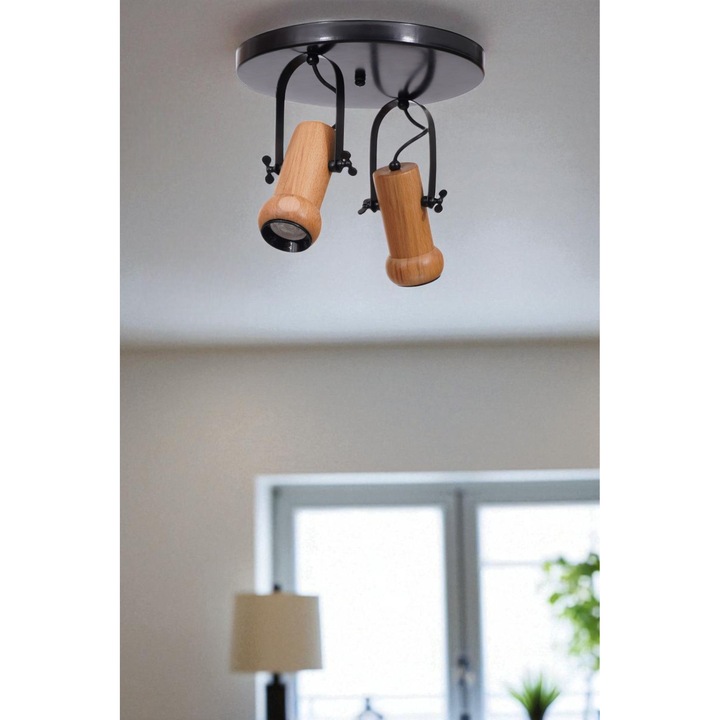 Метална и дървена лампа, Opviq, черна и дъб, 26 см, 2 x GU 10
