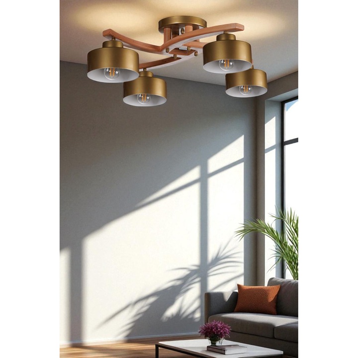 Lustra Opviq, model 924, metal si lemn, 28cm, auriu-maro nuc