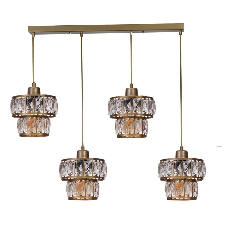 Lustra Opviq, metal/sticla, auriu, 4 socluri E27, inaltime ajustabila, 80cm