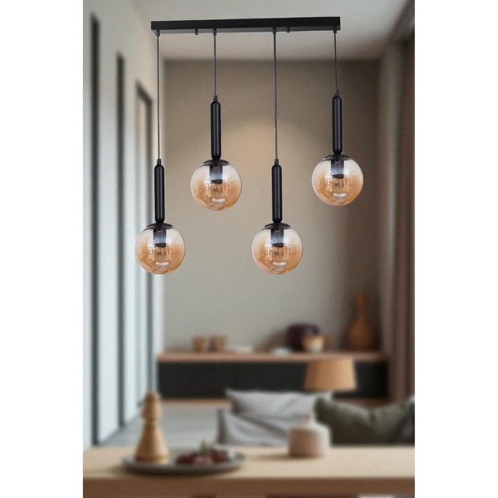 Lustra Opviq Honey si Negru, 4 socluri E27, 80cm, corp metalic si abajur de sticla