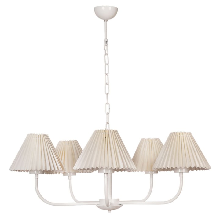 Lustra stil candelabru, Metalica Opviq, Crem si Alb, 5 socluri E27, inaltime ajustabila, 80cm