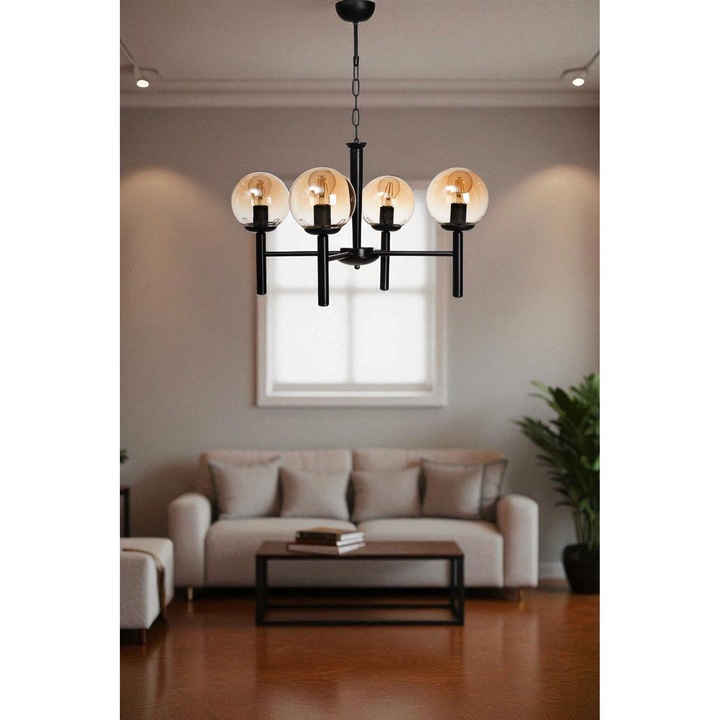Candelabru Opviq, model 880, metal cu capac din sticla, 4 socluri E27, culoare miere si negru, inaltime ajustabila 75cm