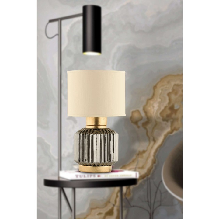 Veioza Opviq, corp din sticla, capac din material crem si gri, 28cm, cablu 150cm