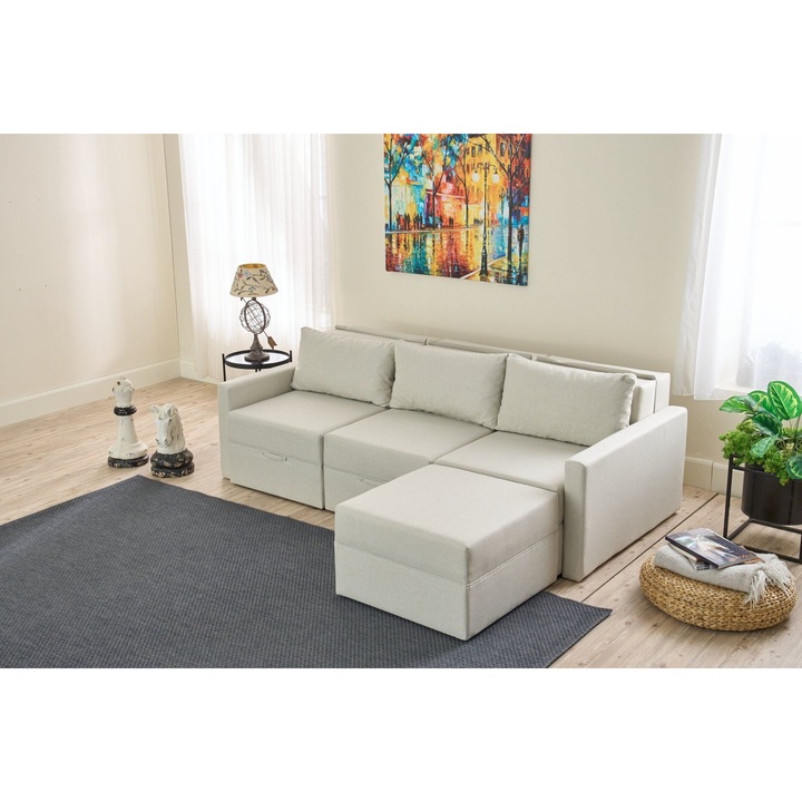 Canapea coltar extensibil, Atelier Del Sofa, crem, 230x110x72cm, cu puf si spatiu de depozitare