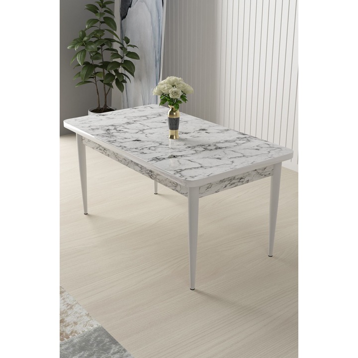 Masa de dining Woody Fashion, alb marmorat, 110x71x76cm