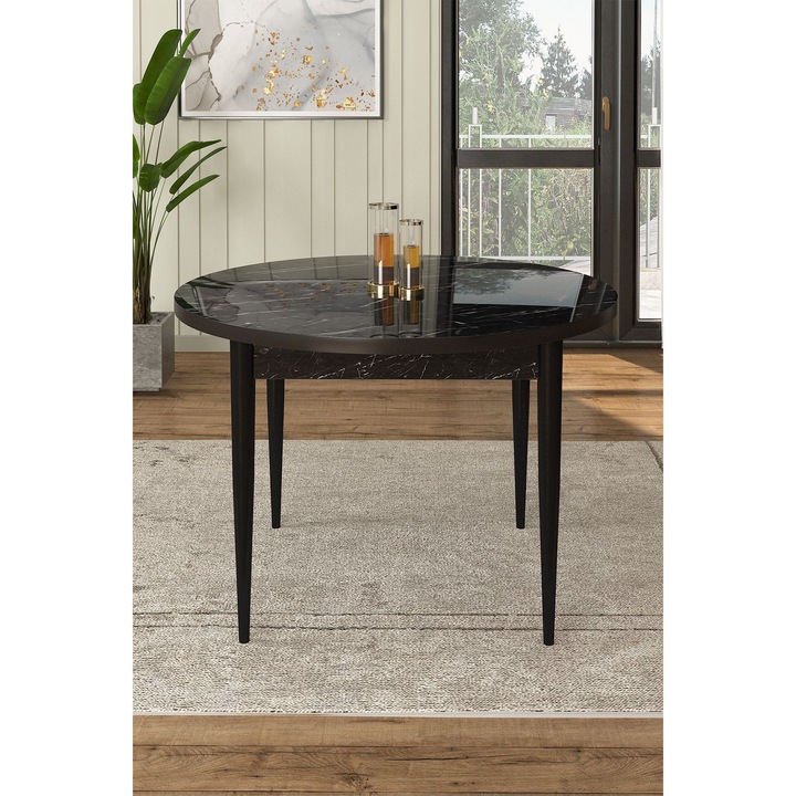 Masa de dining Woody Fashion, marmura neagra, 90x75x90cm, picioare din lemn