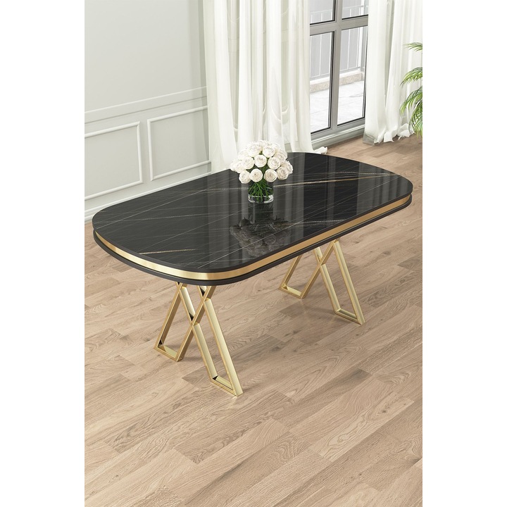 Masa de dining Woody Fashion, 168x90x76cm, marmura neagra si aur