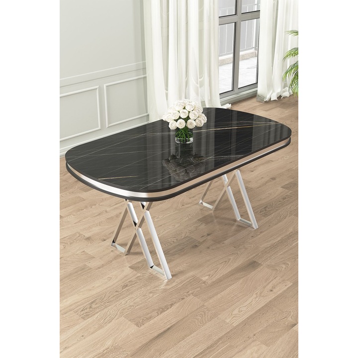 Masa de dining Woody Fashion, marmura neagra, crom, 168x90x76cm