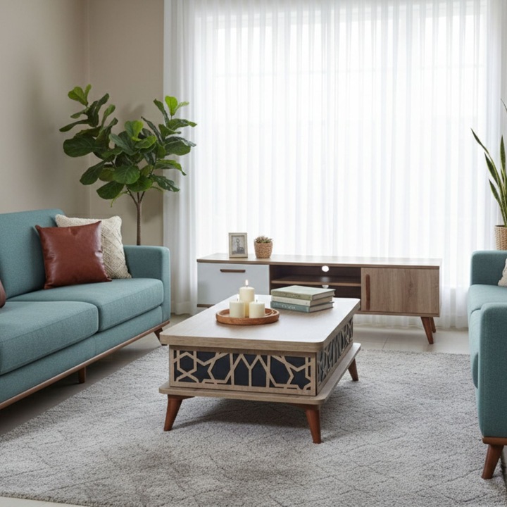 Masa de cafea Woody Fashion, albastra, 90x60x38cm, picioare din plastic 15cm, ajustabila