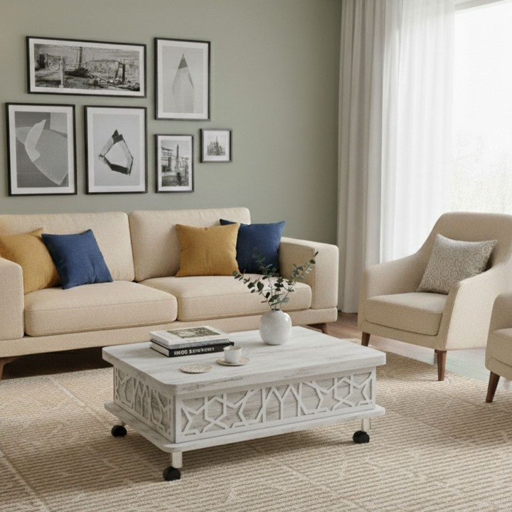 Masa de cafea Woody Fashion, alb antic, 90x60x40cm, picioare metalice, roti