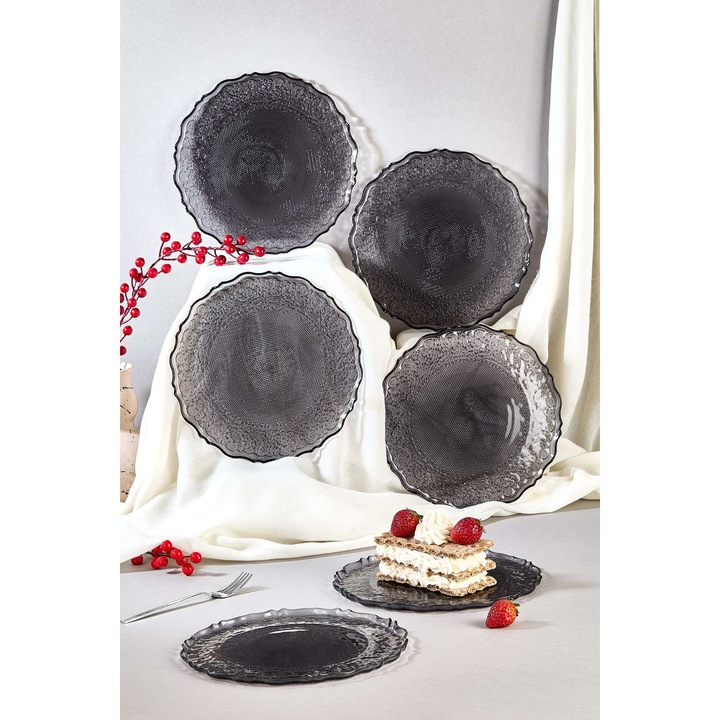 Hermia Concept 6 darabos desszert tányér készlet, üveg, 21cm, fekete