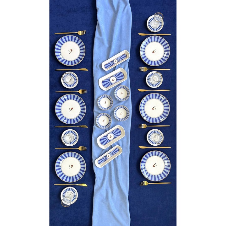 Set de mic dejun 20 piese, Hermia Concept, alb, albastru, albastru deschis, ceramica