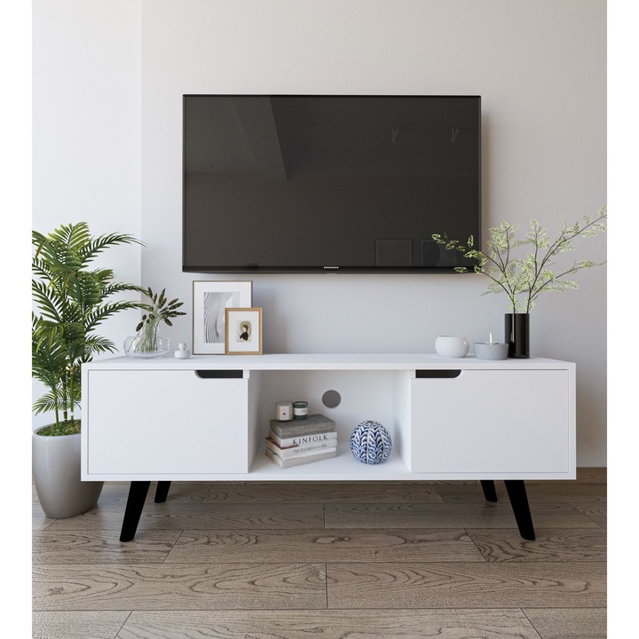 Comoda TV Woody Fashion, alb, 139,7x53x53cm, 30kg capacitate, cu picioare din lemn