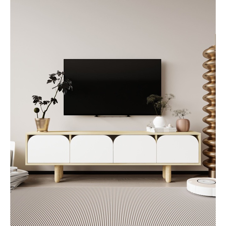 Comoda TV Woody Fashion, 055, stejar safir, alb, 180x48x29,8cm, 3 rafturi, picioare din lemn 15cm