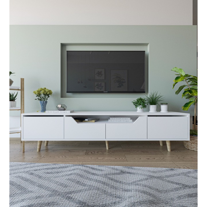 Comoda TV Woody Fashion 062, alb, 180x48x29,8cm, cu picioare din lemn, capacitate 30kg, set de 1 bucata