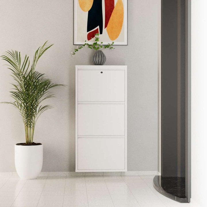 Dulap pantofi Woody Fashion, alb, 50x103x15cm, usi cu deschidere centrala