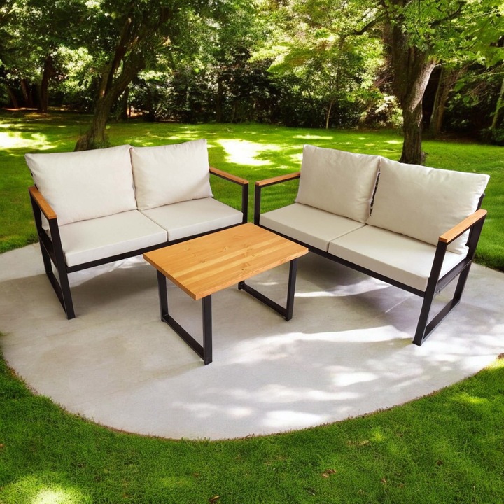Woody Fashion kerti bútor szett, 2 kanapé, dohányzóasztal, fém, len, fa, bézs, 130x62x75cm, 75x50x45cm