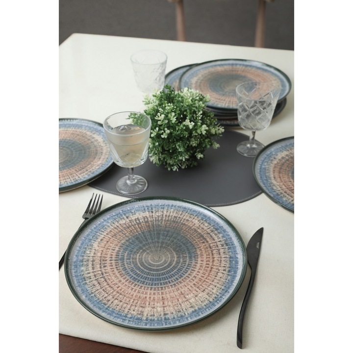 6 részes tányérkészlet, Hermia Concept, kerámia, kék és rózsaszín, 28cm