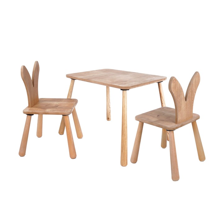 Set masa si scaune pentru copii, Woody Fashion, culoare stejar, 1 masa 45x60x54cm, 2 scaune 30x30x57cm