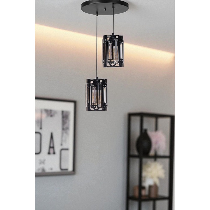 Полилей Opviq, модел 218, черен метал, стъкло, 80см, 2 фасунга E27