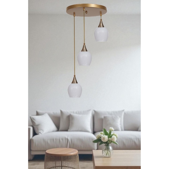 Lustra Opviq, alb si auriu, 3 socluri E27, inaltime ajustabila, 80cm