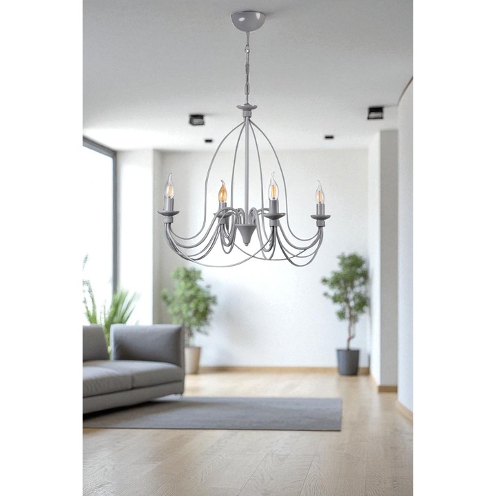 Метална лустра, Opviq, сива, 4 цокъла E14, регулируема височина, 90см