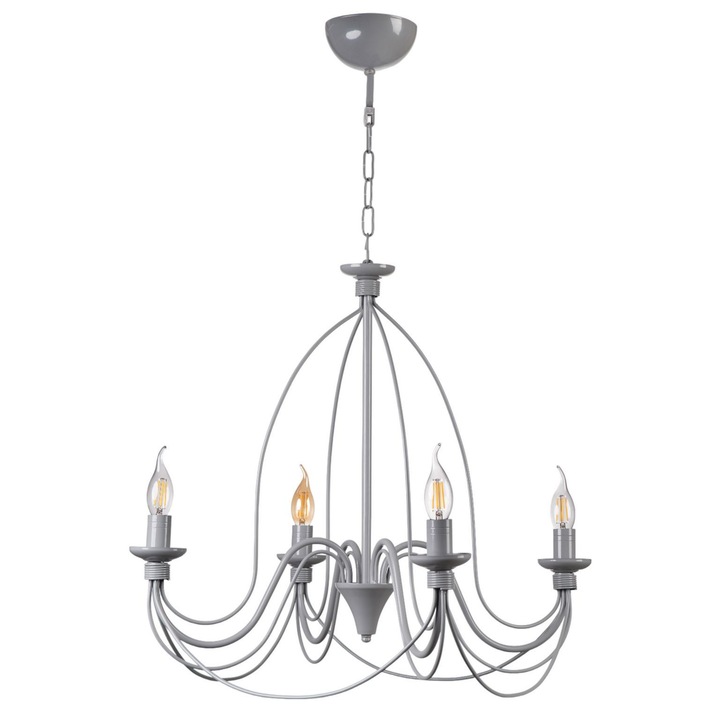 Lustra metalica, Opviq, gri, 4 socluri E14, inaltime ajustabila, 90cm