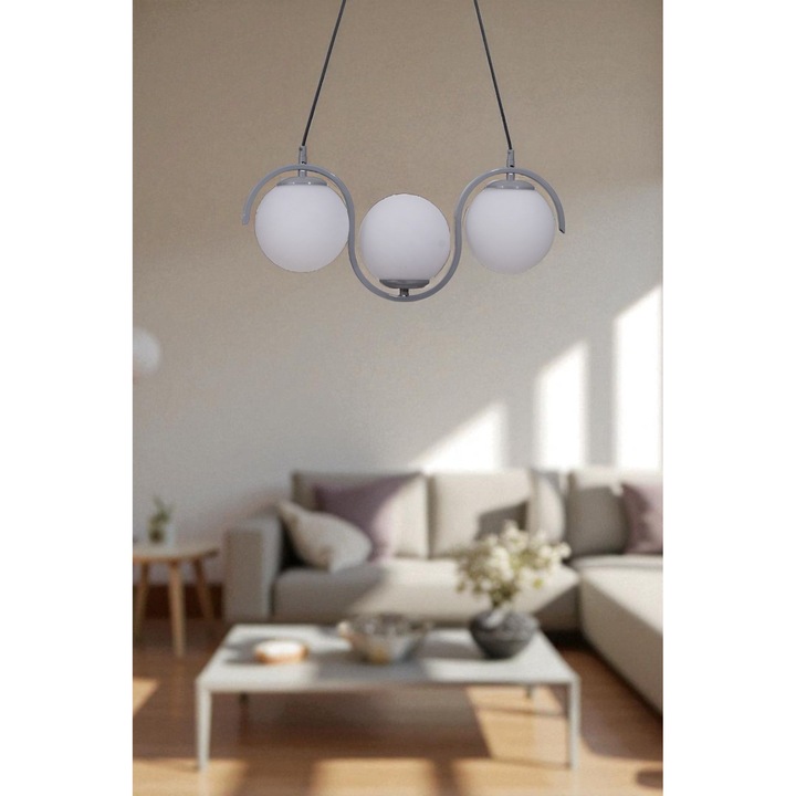 Lustra Opviq, alb si gri, 3 socluri E27, dimensiuni 15x43cm, inaltime totala 80cm