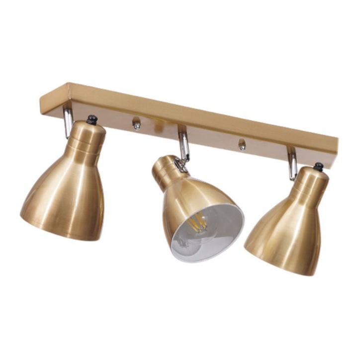 Lustra metalica aurie, Opviq, 3 socluri E27, 20cm inaltime, 55x6x3cm baza