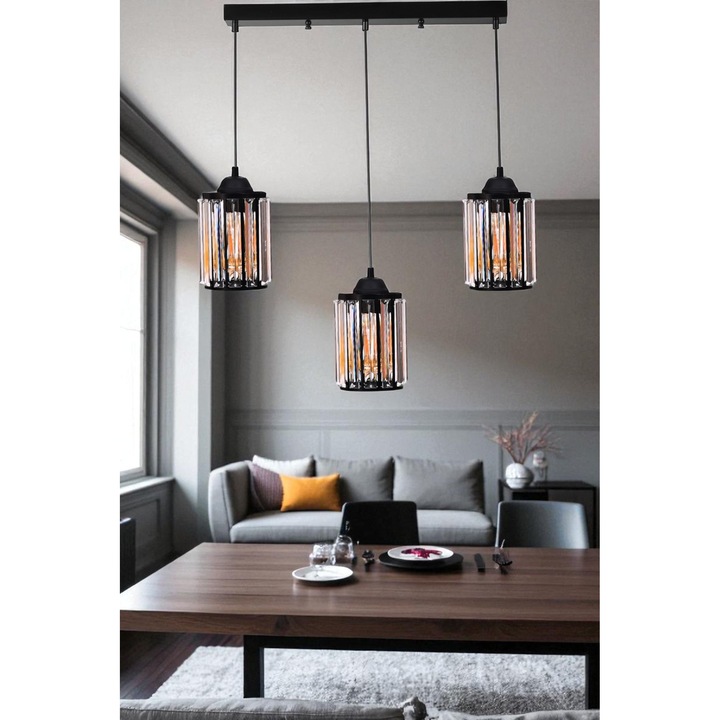 Lustra Opviq, metal si sticla, 3 socluri E27, negru, 80cm