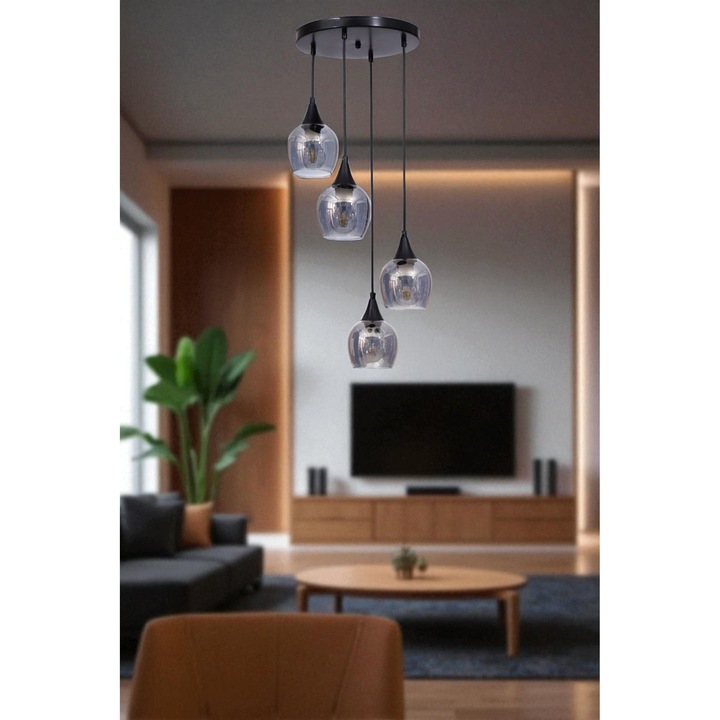 Candelabru Opviq, metal si sticla, gri si negru, set 4xE27, 80cm