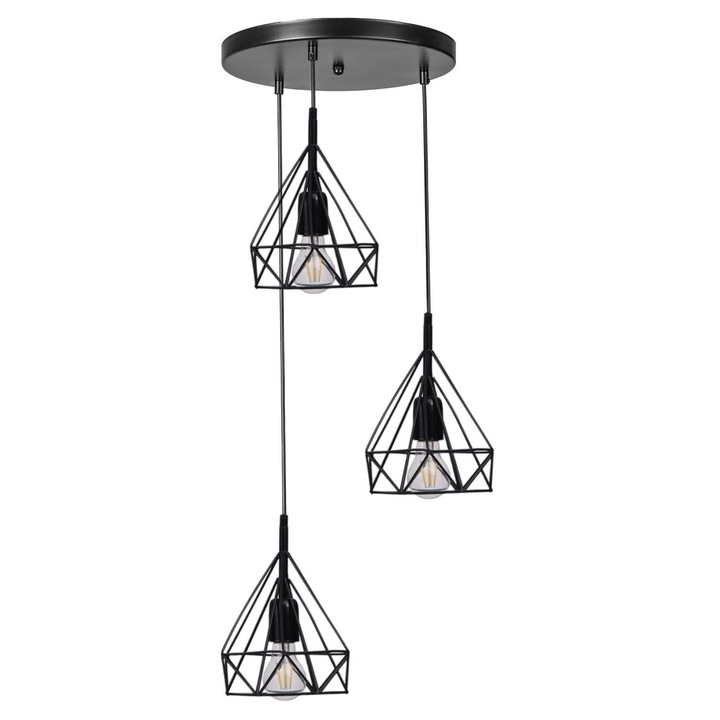 Lustra Opviq, neagra, metalica, 3 socluri E27, inaltime ajustabila, 80cm