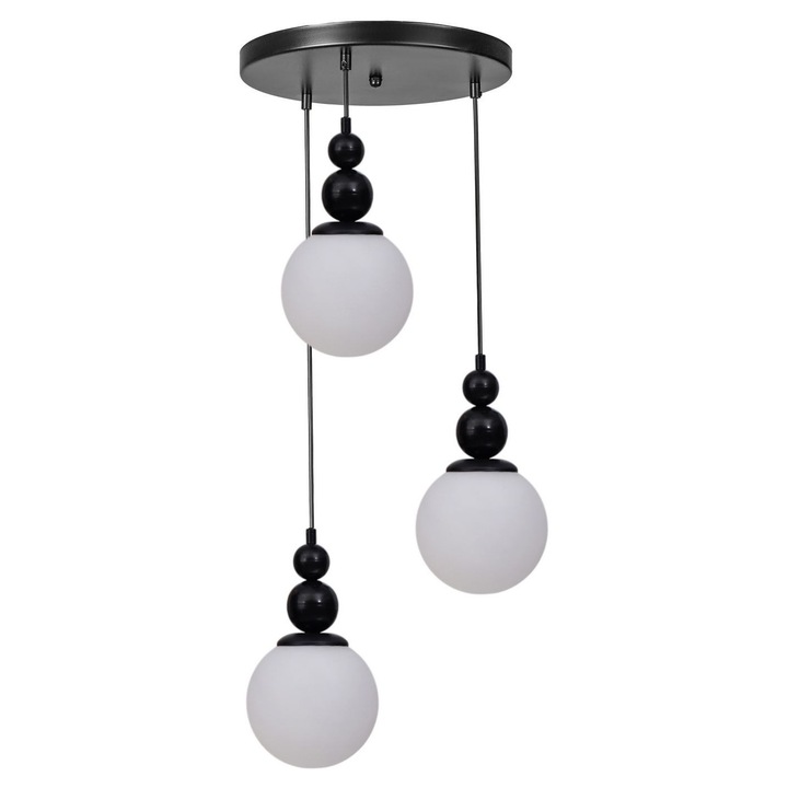 Lustra, Opviq, metal si sticla, alb / negru, 3 socluri E27, ajustabila 80cm