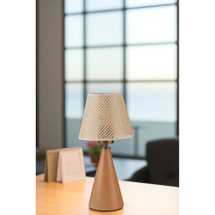 Veioza din lemn, Opviq, bej, auriu, stejar, 40cm, cablu 100cm