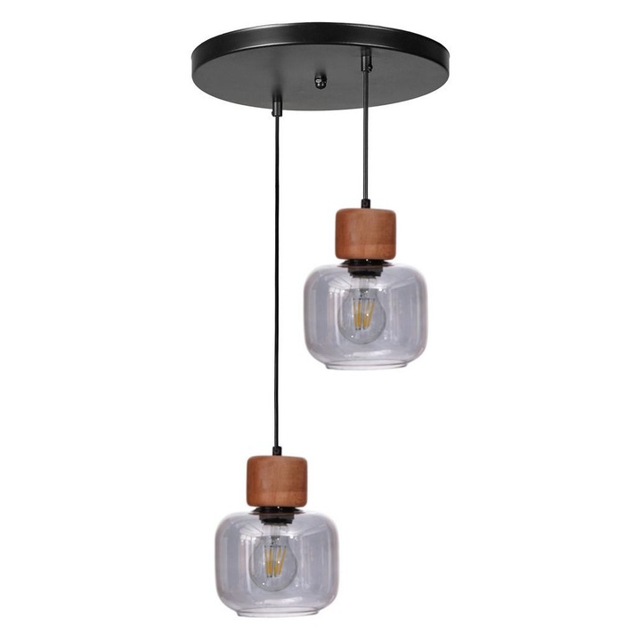 Lustra Metal si Sticla, Opviq, 2 socluri E27, Gri, Stejar, Negru, 80 cm